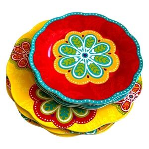 7 pc set Pier One Imports Melamine Dinner Plates Salad Sunny Bright Paisley‎ GUC